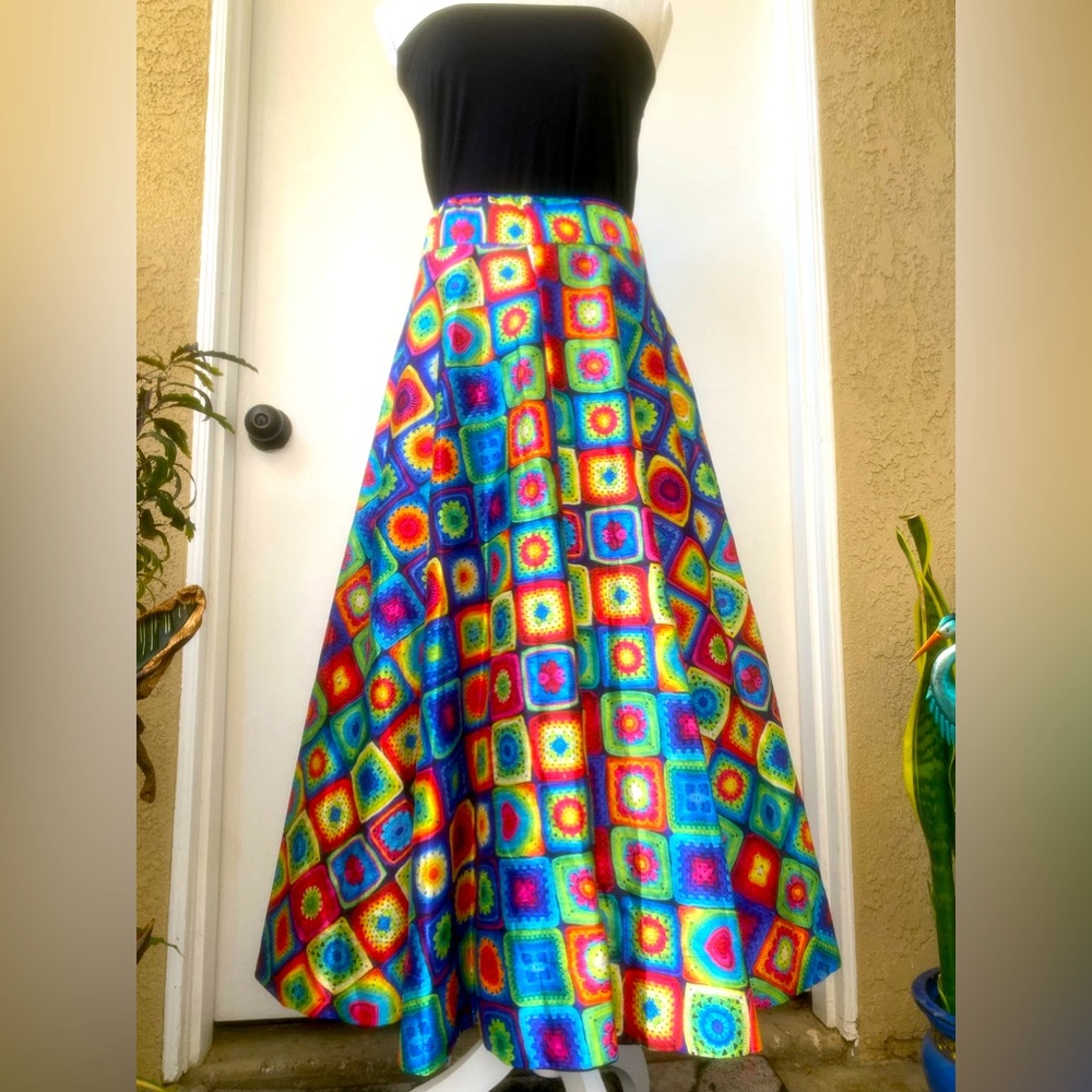Patchwork Granny Square Print Full Lined Skirt - image 1